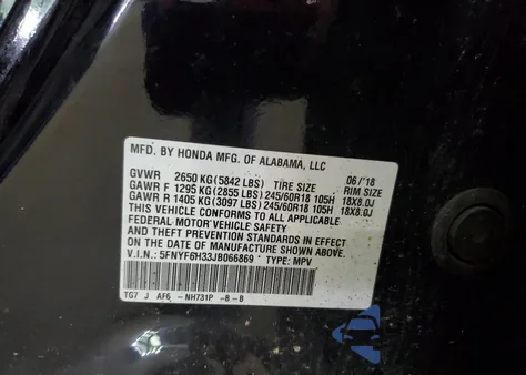2018 Honda Pilot Ex from USA, damaged, VIN 5FNYF6H33JB066869